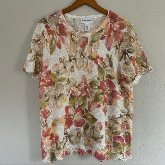 🦋 Alfred Dunner Cream Floral Sequin Scalloped Short Sleeve Sweater Blouse XL - Picture 1 of 6
